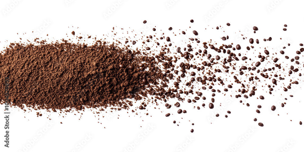 Dynamic display of coffee powder descending onto a pristine white background, emphasizing captivating detail. Dynamic display of coffee powder descending onto a pristine white background, emphasizing captivating detail.