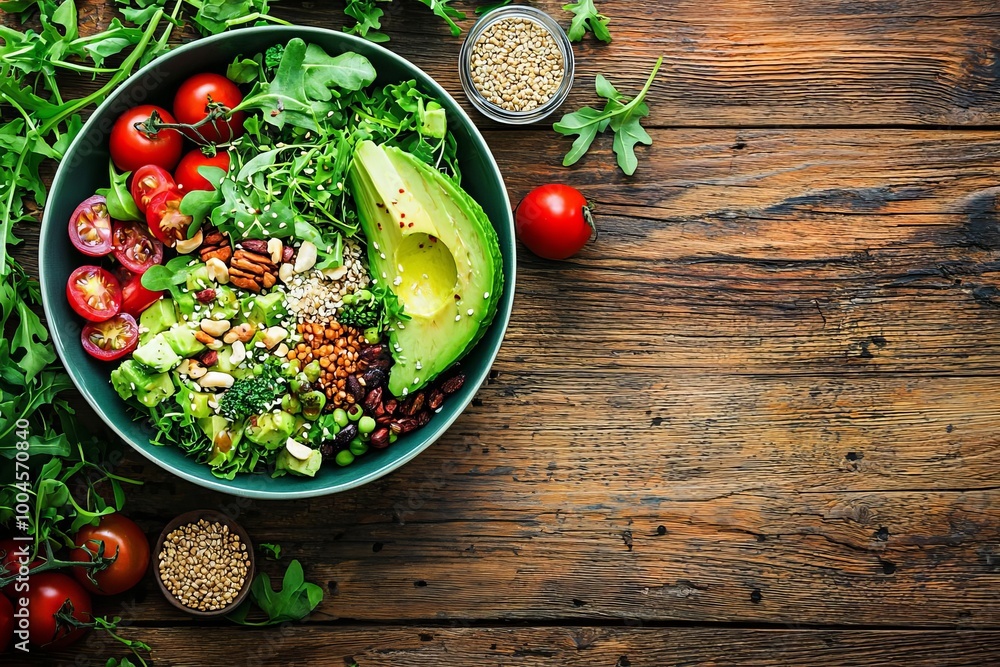A vibrant salad bowl with a mix of greens, grains, nuts, and avocado on a wooden table, artistic food arrangement A vibrant salad bowl with a mix of greens, grains, nuts, and avocado on a wooden table, artistic food arrangement