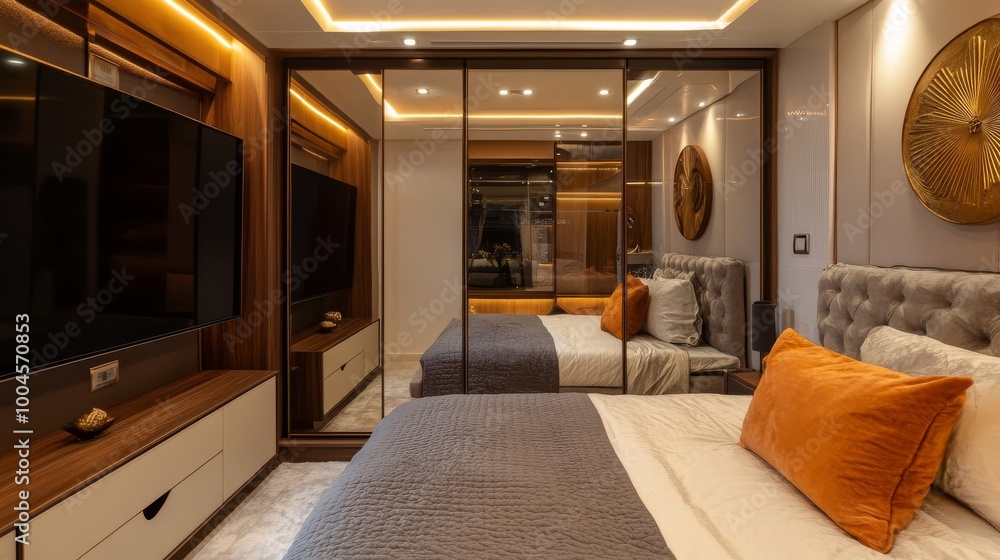 Fototapeta premium A stylish bedroom with a comfortable big bed, a TV for relaxing, and a wardrobe with sliding doors made of wood and mirrors.