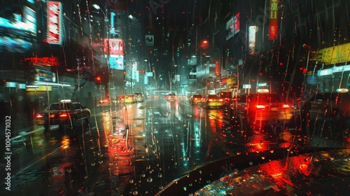 A captivating night view from an open car window with rain, city lights, and moving vehicles