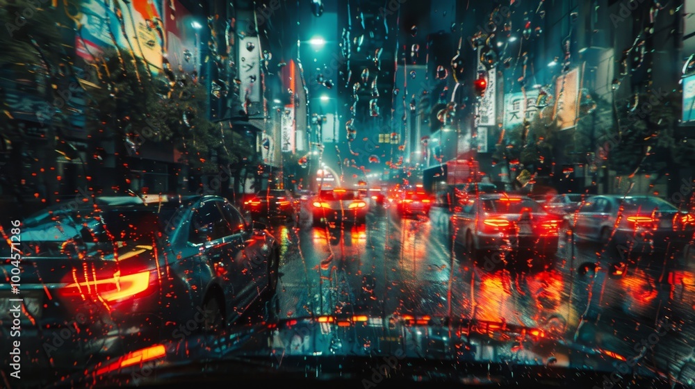 Captivating night view from an open car window with rain streaked windshield and vibrant city lights Captivating night view from an open car window with rain streaked windshield and vibrant city lights