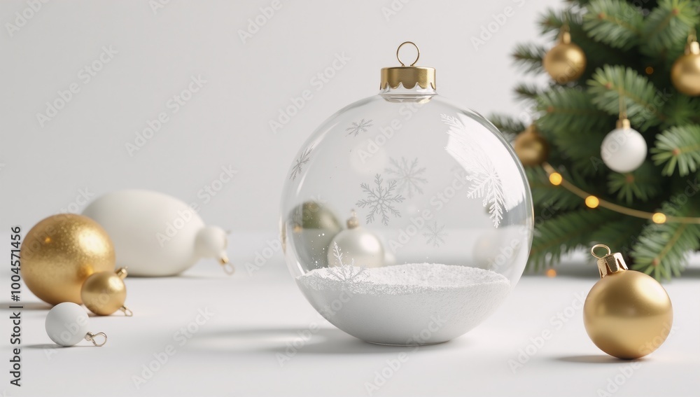 A wintery 3D rendition featuring an empty glass snowball amidst festively decorated white and gold Christmas ornaments and baubles all against a clean white backdrop for the perfect holiday wallpaper A wintery 3D rendition featuring an empty glass snowball amidst festively decorated white and gold Christmas ornaments and baubles all against a clean white backdrop for the perfect holiday wallpaper