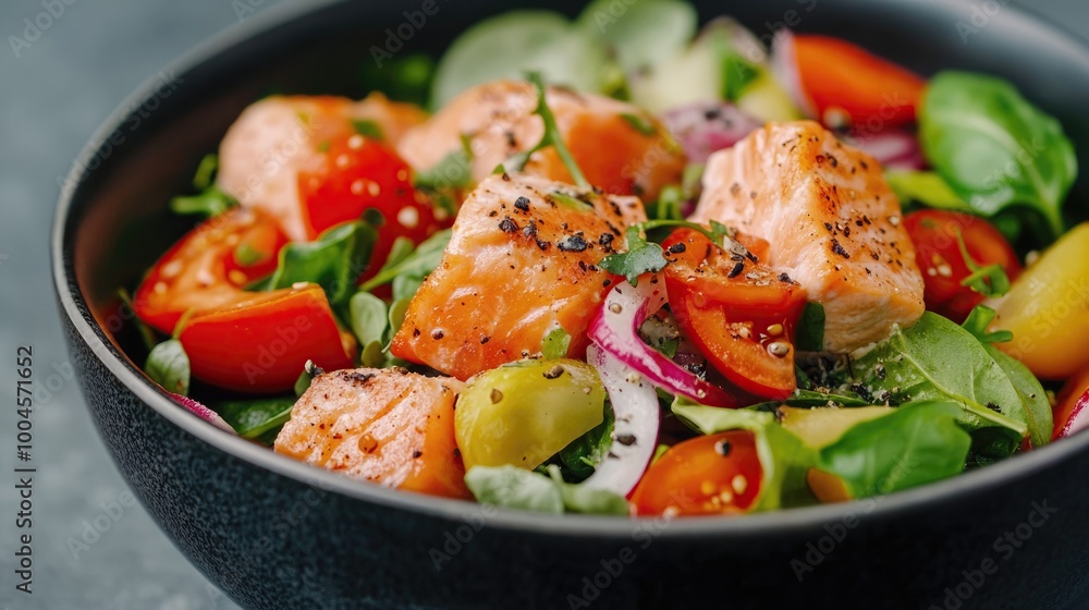 Delicious salmon salad with fresh vegetables in a black bowl, vibrant colors, healthy meal option, perfect for lunch or dinner. Delicious salmon salad with fresh vegetables in a black bowl, vibrant colors, healthy meal option, perfect for lunch or dinner.