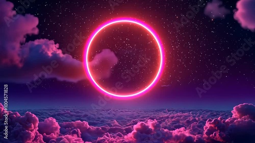 Glowing neon circle illuminating starry night sky over clouds