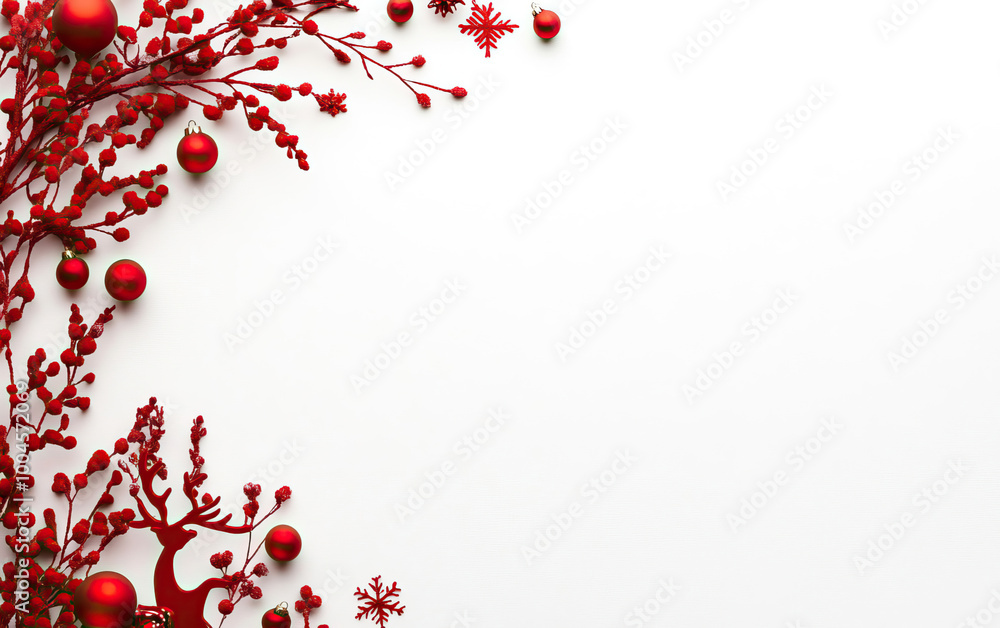Festive red decorations with branches and ornaments on a white background, perfect for holiday designs. Festive red decorations with branches and ornaments on a white background, perfect for holiday designs.