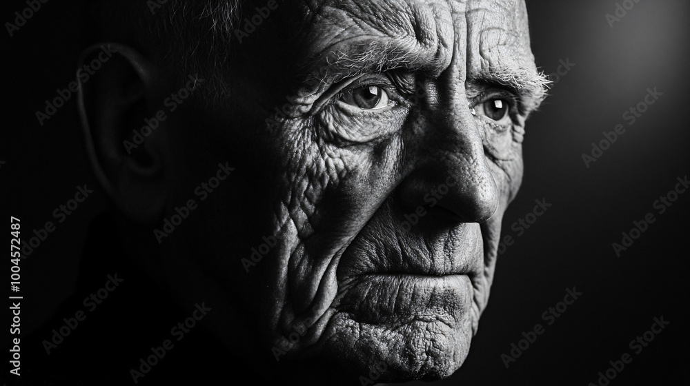 A moody black and white portrait of an elderly man with deep wrinkles, telling a story through his expression. A moody black and white portrait of an elderly man with deep wrinkles, telling a story through his expression.