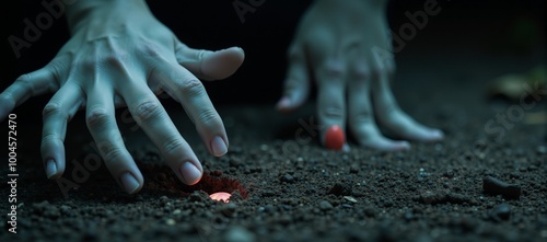 Ghostly hands reach for freedom from the spirit world during Halloween with an eerie glow and ethereal touch photo