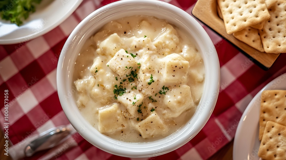 A bowl of chicken and dumplings, served with saltine crackers, sits on a red checkered tablecloth. A bowl of chicken and dumplings, served with saltine crackers, sits on a red checkered tablecloth.