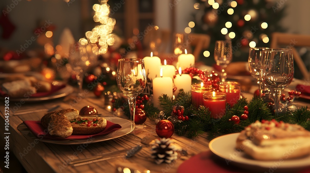 A 3D festive table set with Christmas decorations and food candles glowing warmly A 3D festive table set with Christmas decorations and food candles glowing warmly