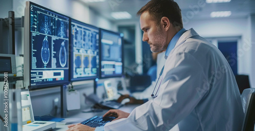 doctor sitting in front of x rays or MRI images of a brain