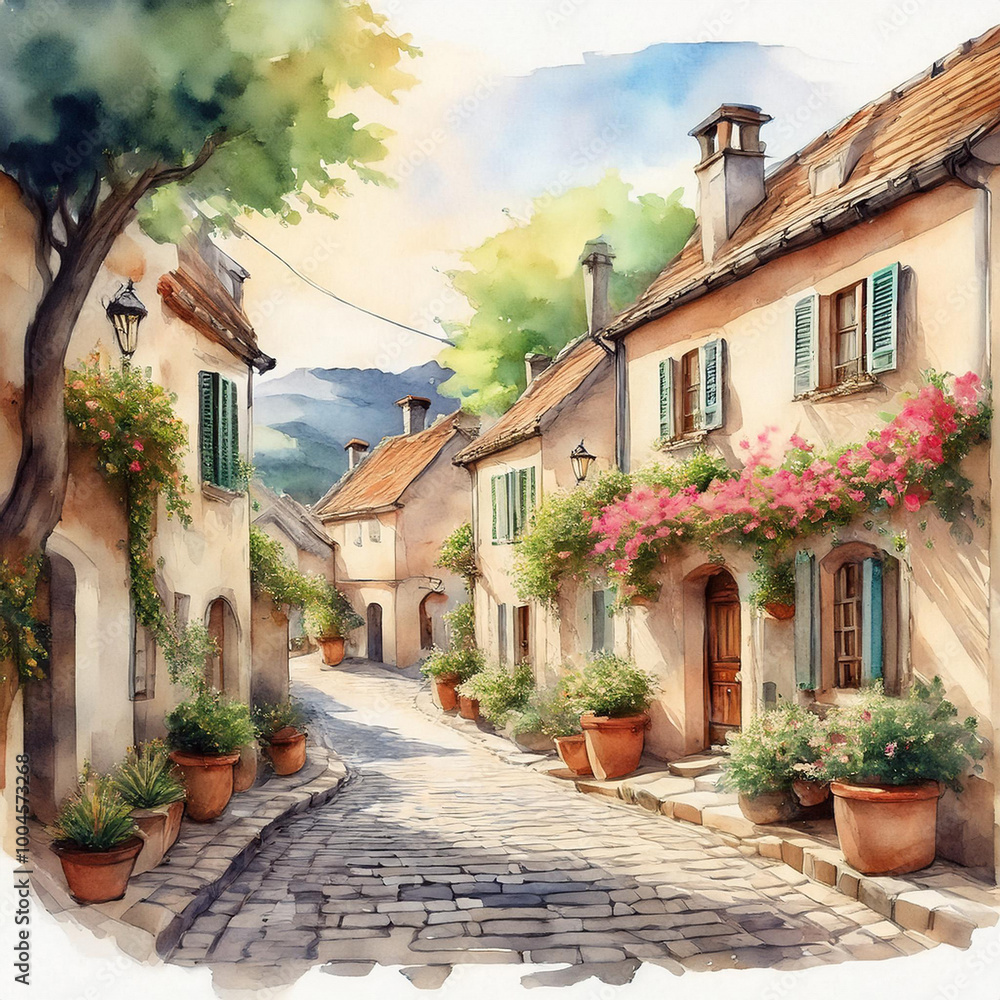 Cute European ancient village watercolor style with soft colors Cute European ancient village watercolor style with soft colors
