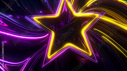 vibrant star shape illuminated with neon yellow and purple lights, surrounded by flowing abstract patterns. dynamic colors create energetic and captivating visual experience. 