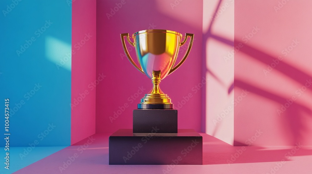 Golden Trophy on Black Pedestal in Colorful Room with Pink and Blue Walls and Shadows Golden Trophy on Black Pedestal in Colorful Room with Pink and Blue Walls and Shadows
