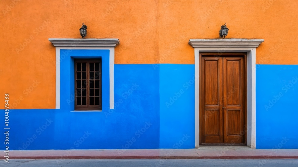 Obraz premium Vibrant Orange and Blue Fasade with Wooden Door and Window in Urban Scene