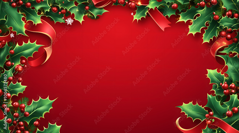 Christmas Frame with Holly Leaves, Red Berries, and Ribbons on Red Background – Top-Only Design Christmas Frame with Holly Leaves, Red Berries, and Ribbons on Red Background – Top-Only Design