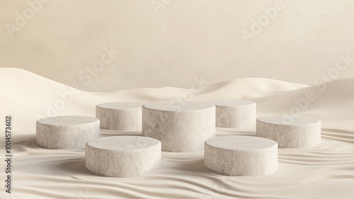 A cluster of round stone podiums in a desert environment with soft sand, perfect for architectural or nature-related presentations