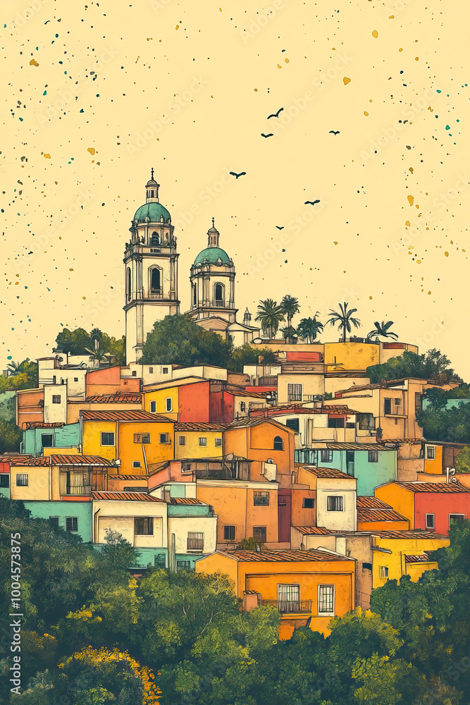 Fototapeta premium San Miguel, El Salvador, color pen pencil hand-drawn effect drawing illustration for travel poster, card, wallpaper, backdrop or banner. Modern, clear, artistic and simple