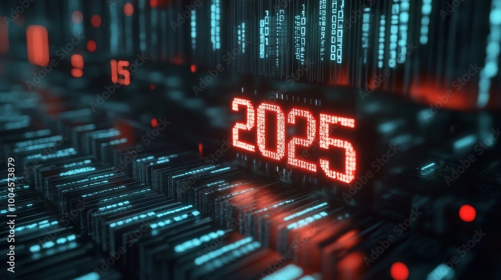 Futuristic Digital Matrix Display Highlighting Year 2025 with Advanced Technology Concepts Futuristic Digital Matrix Display Highlighting Year 2025 with Advanced Technology Concepts