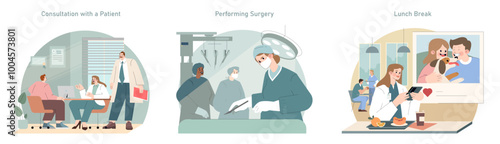 A day in the life of a medical professional. Flat Vector Illustration