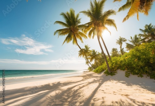 lush tropical scene vibrant palm trees swaying gently under clear blue sky creating inviting coastal atmosphere, beach, foliage, sunlight, vacation, nature