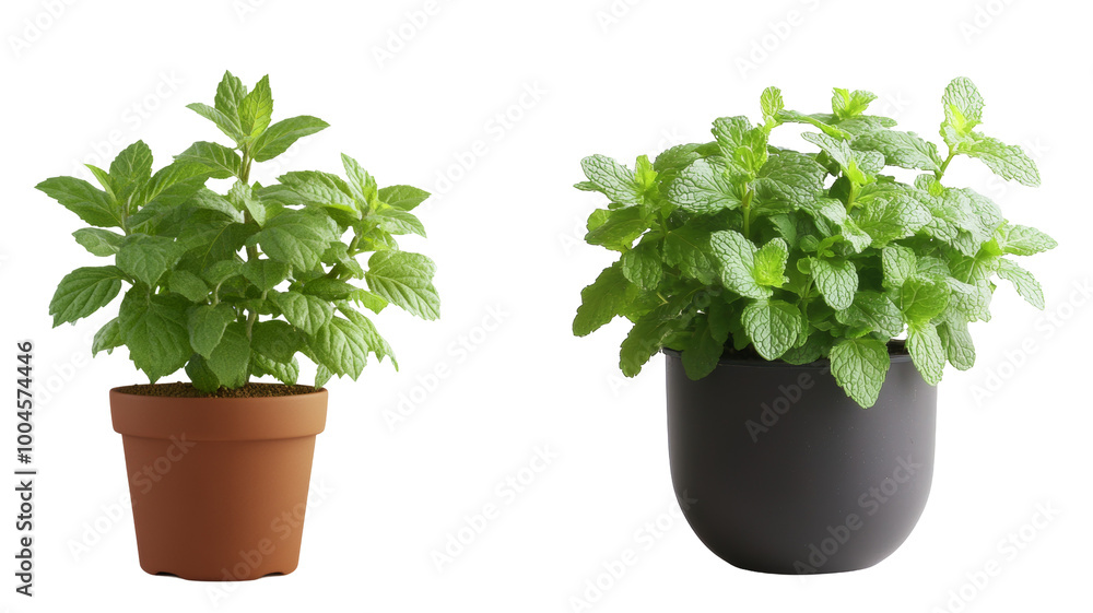 Crisp and Clear Image of a Mint Plant in a Pot Isolated on a White Background