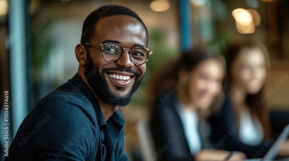 Smiling Man in Glasses at Modern Office Setting Smiling Man in Glasses at Modern Office Setting