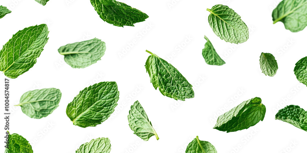A Pleasing Visual of Mint Leaves Flowing Down Against a Simple White Backdrop A Pleasing Visual of Mint Leaves Flowing Down Against a Simple White Backdrop