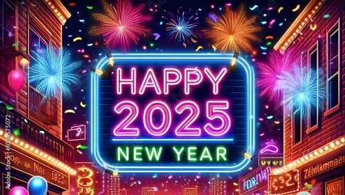 Neon 2025 Sign with Fireworks for New Year's Eve