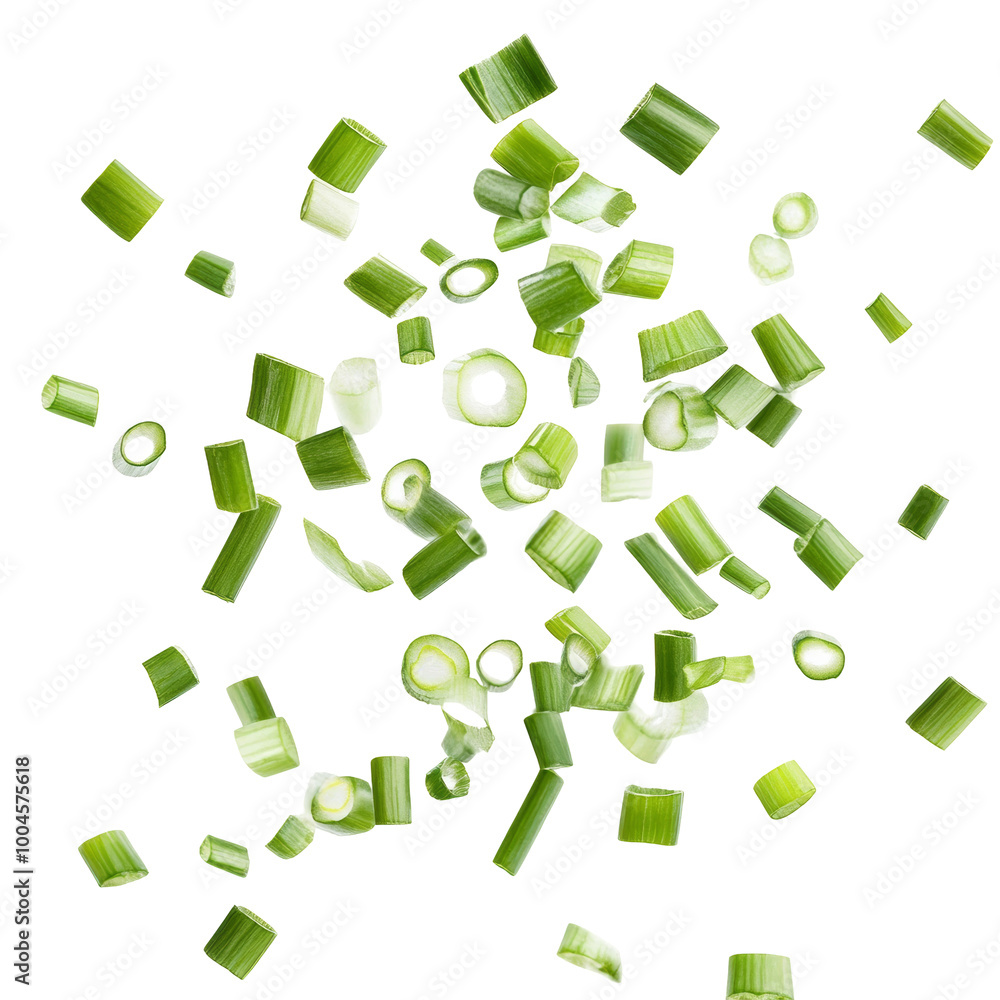 Dynamic Depiction of Sliced Green Onions Falling from Above, Isolated on a White Background Dynamic Depiction of Sliced Green Onions Falling from Above, Isolated on a White Background