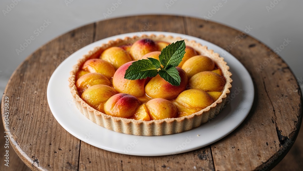 Peach tart with fresh mint on rustic table. Peach tart with fresh mint on rustic table.