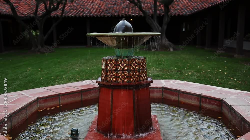 Water Fountain In Green Grass Courtyard With Red Tile Roof And Trees
Water Fountain In Green Grass Courtyard With Red Tile Roof And Trees