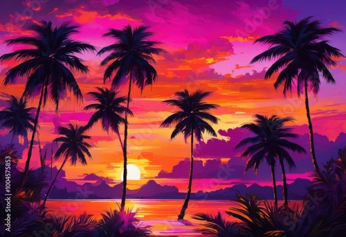 vibrant palm tree silhouettes colorful sunset highlighting tropical scenery striking contrast, backdrop, shore, horizon, orange, pink, sky, clouds, nature