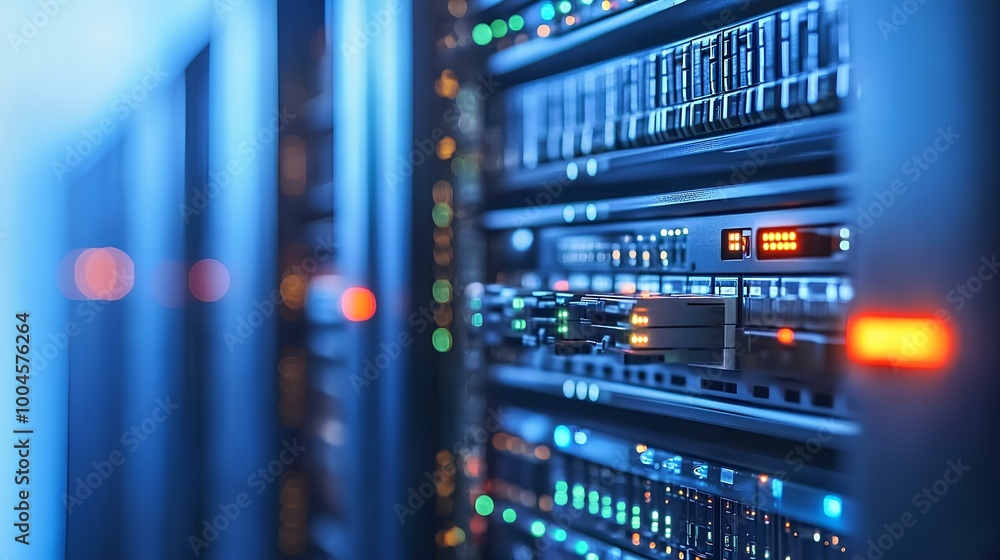 A close-up of a high-tech server rack filled with illuminated servers and data equipment, showcasing modern technology and data management. A close-up of a high-tech server rack filled with illuminated servers and data equipment, showcasing modern technology and data management.