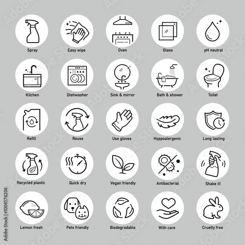 Trigger spray set icons for surface care. The outline icons are well scalable and editable. Contrasting elements are good for different backgrounds. Can be used for cleaning products, chemicals. EPS10