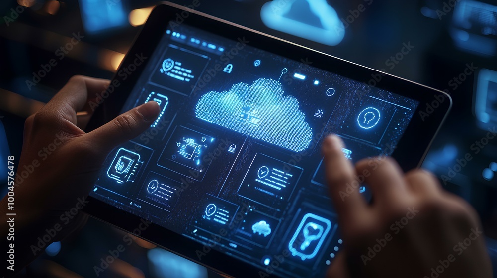 A person interacts with a futuristic tablet displaying a digital cloud and various data analytics on a high-tech interface. A person interacts with a futuristic tablet displaying a digital cloud and various data analytics on a high-tech interface.
