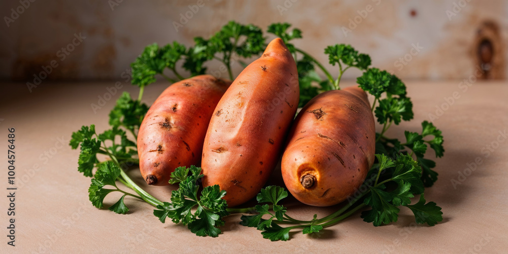 Sweet Potatoes and Parsley on Rustic Background. Sweet Potatoes and Parsley on Rustic Background.