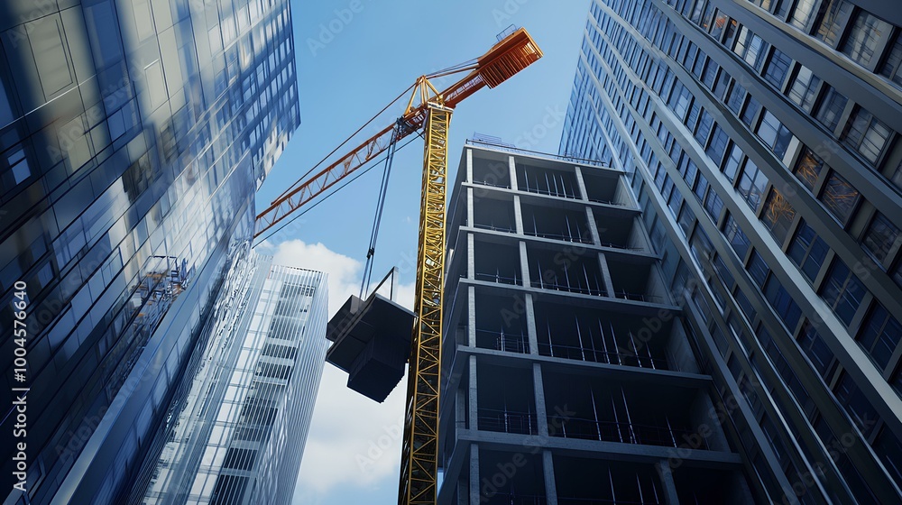 Fototapeta premium A construction crane lifts materials between tall buildings under a clear blue sky.
