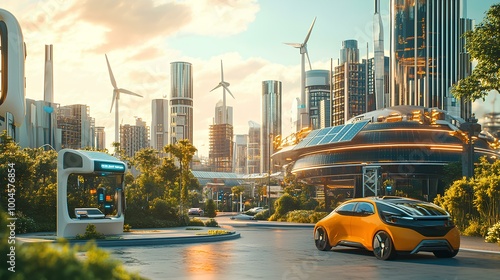 A futuristic cityscape featuring a vibrant, eco-friendly environment with skyscrapers, wind turbines, and an electric car driving through a sunny urban landscape.