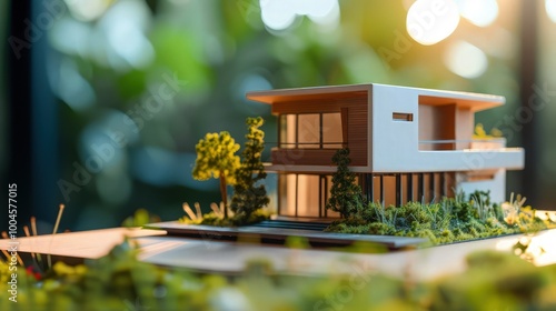A miniature modern house showcasing green architecture principles, complemented by an abstract sunlight-inspired background.
