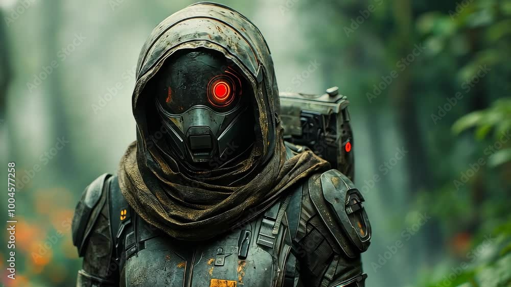 Futuristic soldier wearing mask standing in jungle Futuristic soldier wearing mask standing in jungle