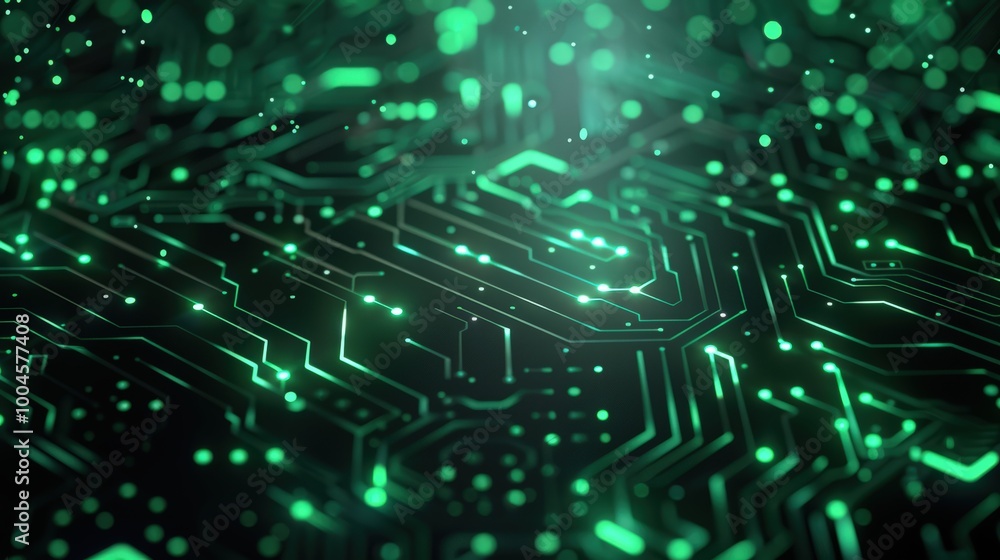 Green circuit board with numerous conductors and glowing elements, symbolizing high technology and digital innovations Green circuit board with numerous conductors and glowing elements, symbolizing high technology and digital innovations