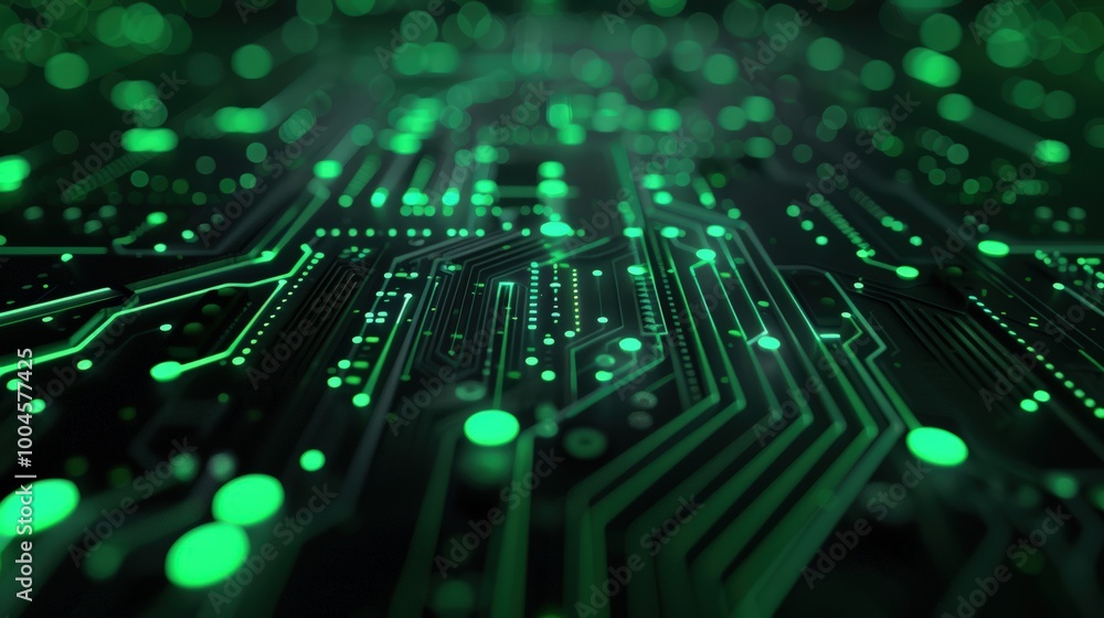 Green circuit board with numerous conductors and glowing elements, symbolizing high technology and digital innovations Green circuit board with numerous conductors and glowing elements, symbolizing high technology and digital innovations
