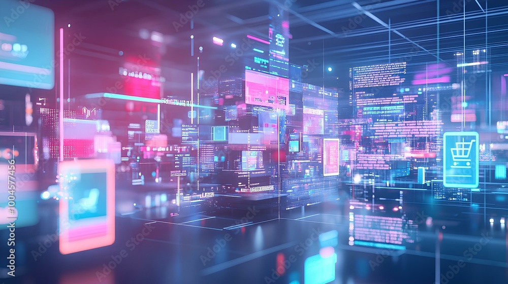 A vibrant digital landscape filled with illuminated screens and holographic displays, showcasing the convergence of technology and data. A vibrant digital landscape filled with illuminated screens and holographic displays, showcasing the convergence of technology and data.