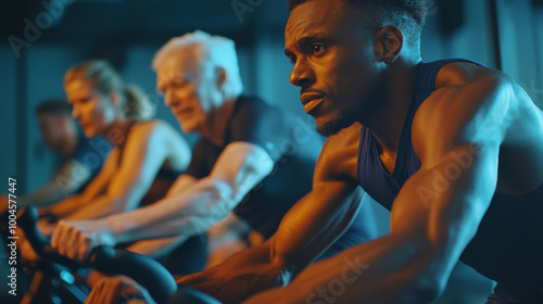 Afro-American man doing group spinning at the gym, low motivation, melancholic