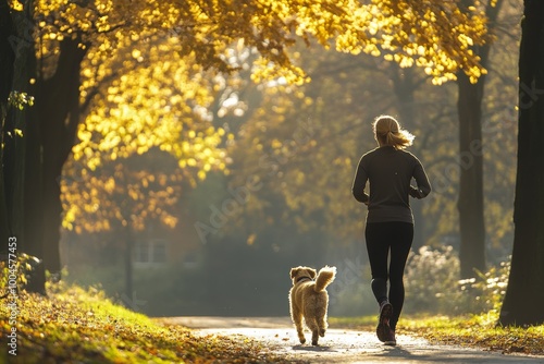 Woman on his back jogging with his dog on leash in a beautiful park