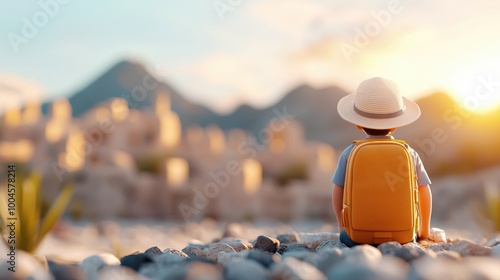 Child with Backpack Enjoying Scenic View at Sunset