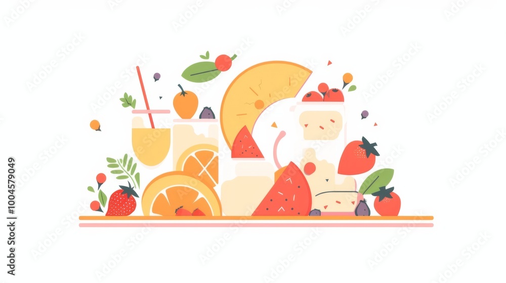 Fototapeta premium Flat vector illustration of healthy food and drink featuring colorful geometric shapes on a white background