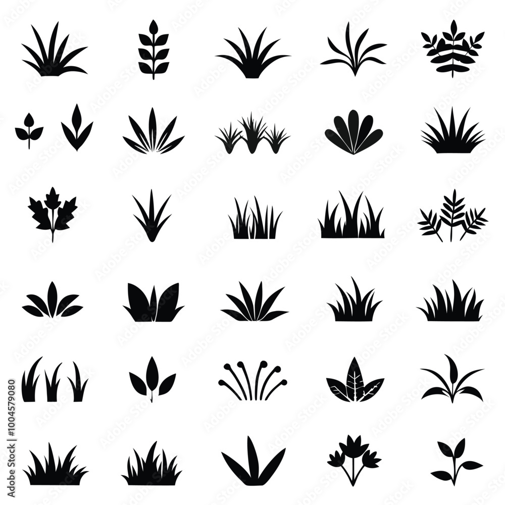 Minimalist Black Icons of Grass, Leaves, and Plants in Flat Design, Vector Graphics, Ink Drawing Minimalist Black Icons of Grass, Leaves, and Plants in Flat Design, Vector Graphics, Ink Drawing