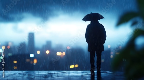 Lone Figure in Rain with Umbrella on City Rooftop