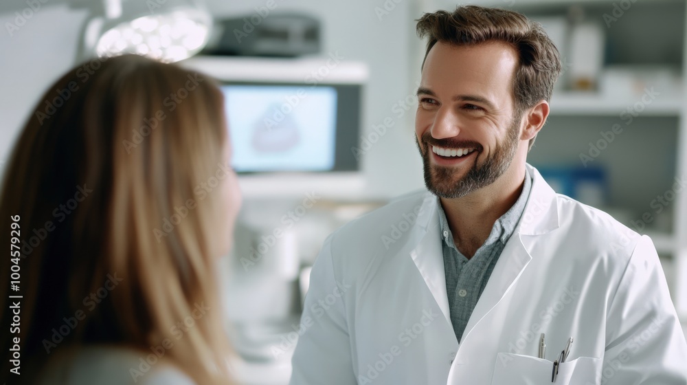 A cheerful doctor in a white coat is conversing with a patient, providing reassurance and guidance during a consultation in a contemporary healthcare setting A cheerful doctor in a white coat is conversing with a patient, providing reassurance and guidance during a consultation in a contemporary healthcare setting
